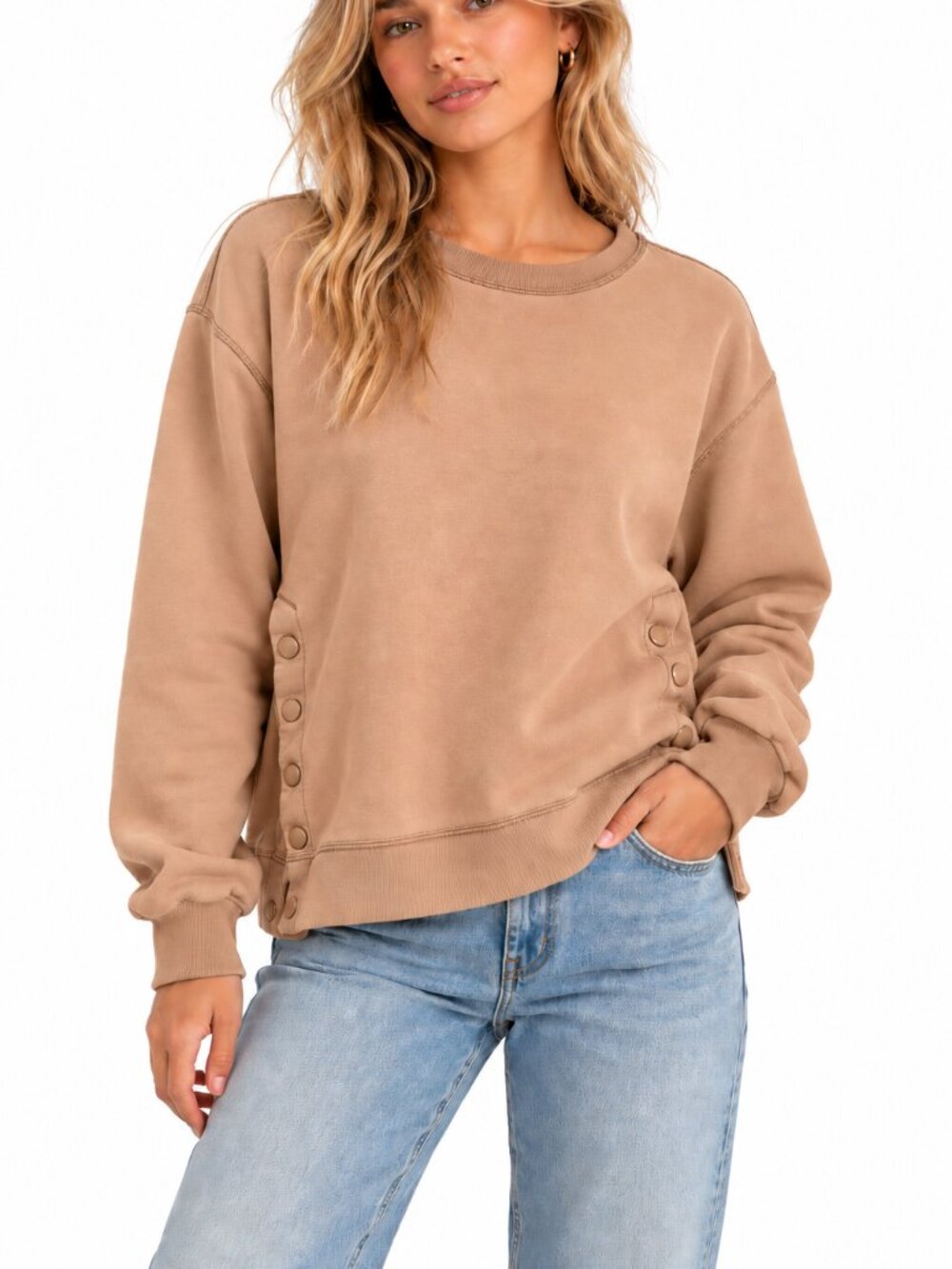 Abercrombie & Fitch Soft A&F Snap Side Crewneck Sweatshirt Camel Tan Fleece Med